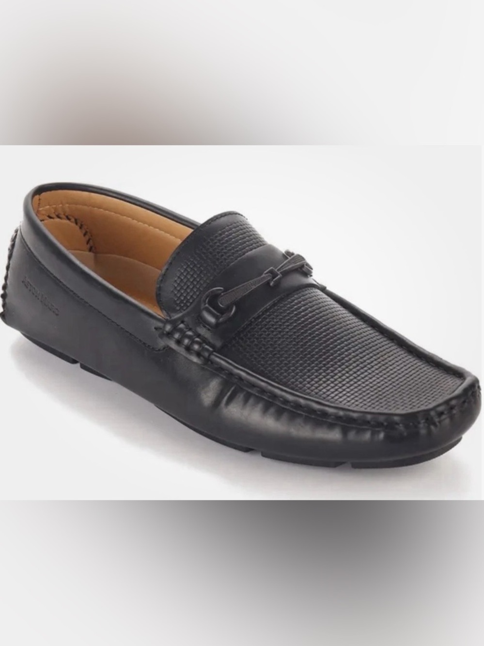 Men's Black Leather Penny Loafers with Textured Vamp